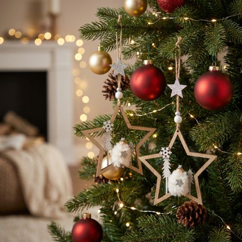 Christmas decoration star wooden deco hanger Ø13.5cm 4pcs | Floristik24.ie