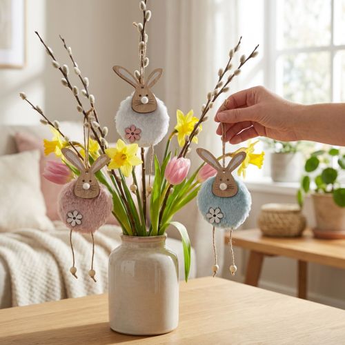 Hanging Rabbits Decorative Hanging Easter Wood Plush 26×7×2cm 6 pcs | Floristik24.ie
