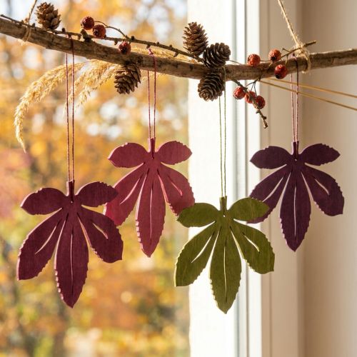 Wooden decorative hangers, autumn leaves, pink, purple, green, 12x10cm, 12 pieces | Floristik24.ie