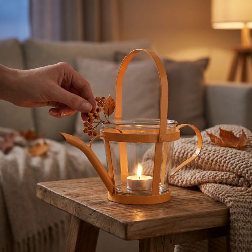 Lantern glass decorative watering can metal orange Ø14cm H13cm | Floristik24.ie