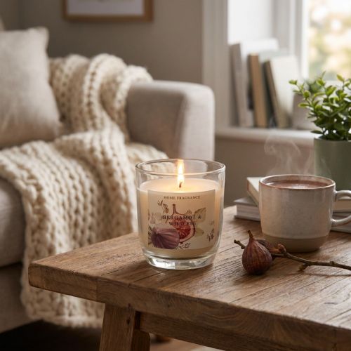 Scented candle in glass, bergamot, fig, white, Ø7.5cm H8.5cm | Floristik24.ie