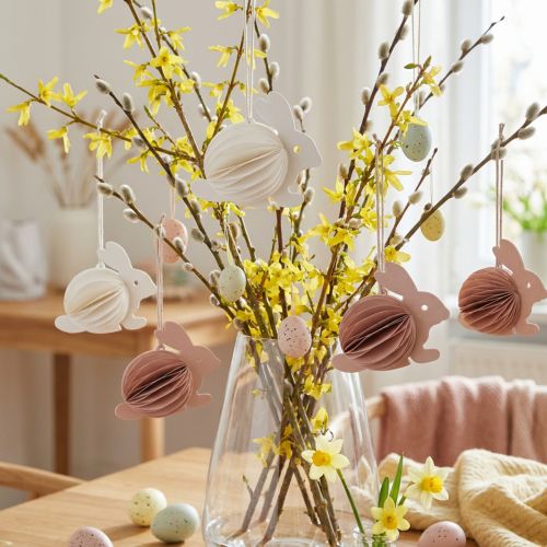 Honeycomb Easter bunnies for hanging, white and orange, 8cm high, 5 pieces | Floristik24.ie