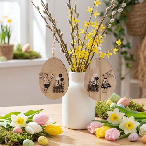 Hanging Easter eggs, wooden egg with rabbit, natural white, 13cm, 6 pieces | Floristik24.ie