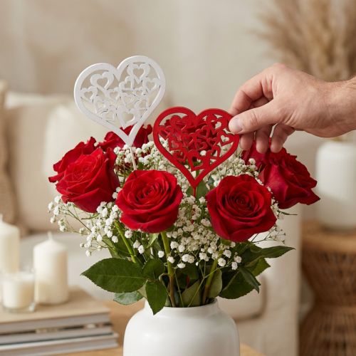 Flower plug heart red, white decorative plug Valentine's Day 7cm 12pcs | Floristik24.ie