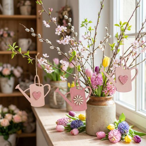 Hanging decoration wooden watering can deco pink deco hanger 14x12cm 6pcs | Floristik24.ie