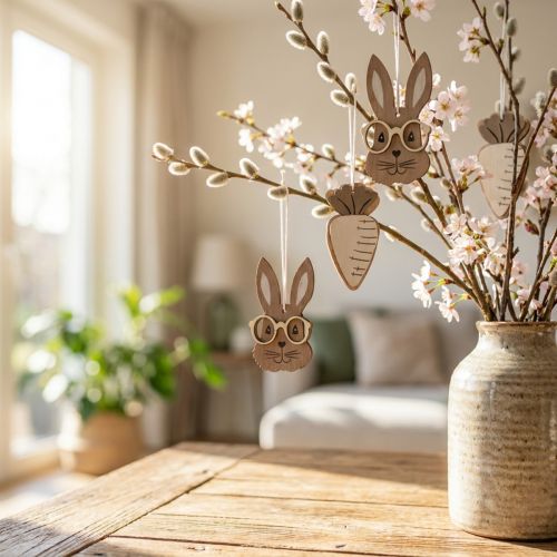 Wooden pendant rabbit with glasses carrot brown beige 4×7.5cm 9pcs | Floristik24.ie
