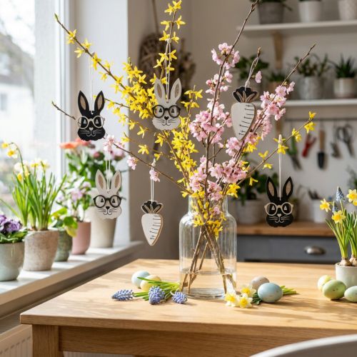 Wooden pendant rabbit with glasses carrot glitter 4×7.5cm 9pcs | Floristik24.ie