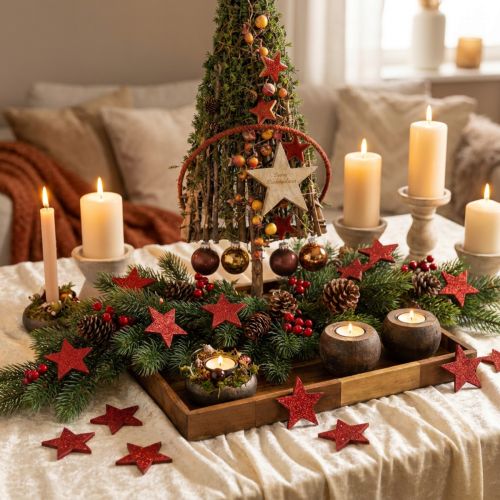 Wooden Stars Decoration Stars Red Scatter Decoration Gloss Effect Ø5cm 12 Pcs | Floristik24.ie