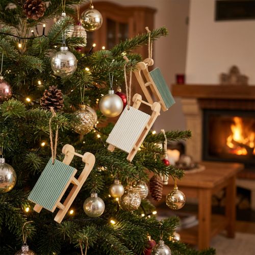 Decorative sleigh wood for hanging mint green white 9.5cm 6pcs | Floristik24.ie