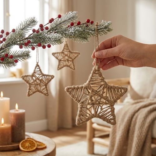Decorative star for hanging jute star natural Ø18cm 4 pcs | Floristik24.ie