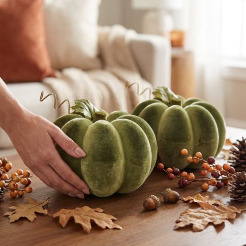 Flocked pumpkin decoration, 20cm, green pumpkin, velvet look, 2 pieces | Floristik24.ie