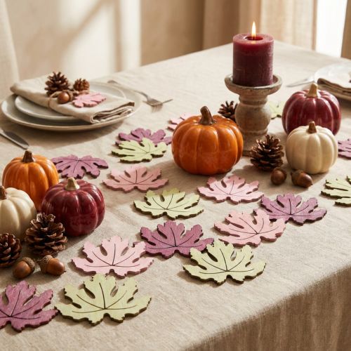 Wooden scatter decoration, autumn leaves, table decoration, purple, pink, green, 4cm, 72 pieces | Floristik24.ie
