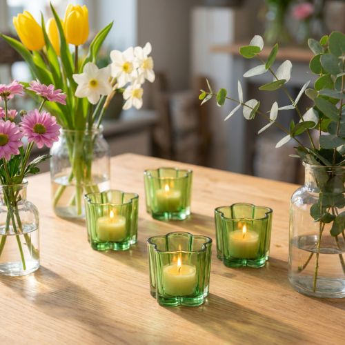 Decorative glass tealight holders, flower shape, green, Ø7.5cm, H6cm, 6 pieces | Floristik24.ie