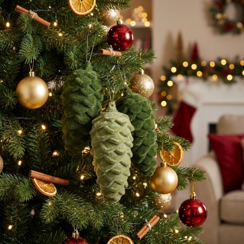 Decorative green pine cones, hangers, Christmas decoration, set of 6 | Floristik24.ie