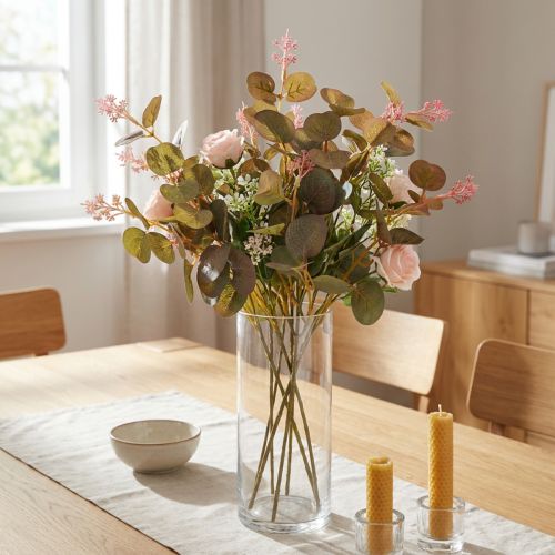 Product Artificial eucalyptus branches with pink flowers, 45 cm, 3 pieces