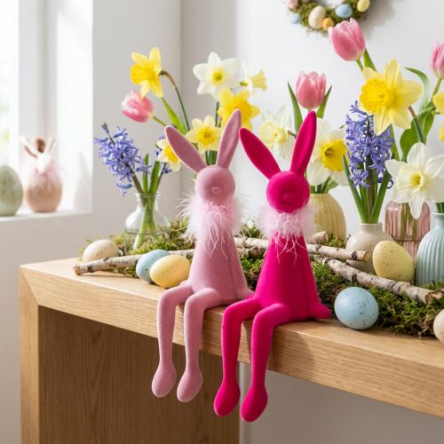 Easter bunny figurine with feather boa, shelf sitter, decorative Easter figure, 27cm, 2 pieces | Floristik24.ie