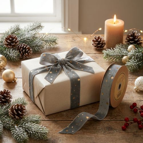 Velvet ribbon, star ribbon, grey gold, decorative ribbon, 25mm wide, 8m long | Floristik24.ie