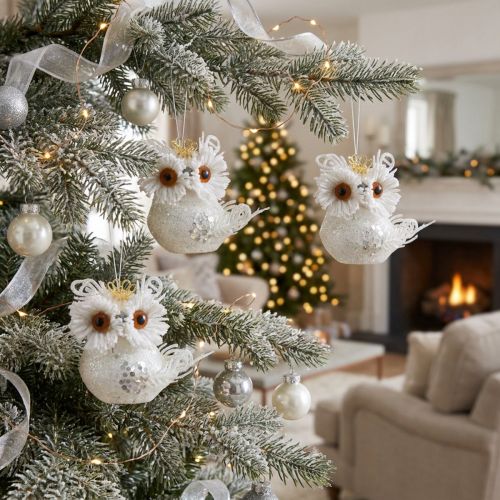 Decorative owl with crown for hanging, white, glitter, 6.5 × 8cm, 6 pieces. | Floristik24.ie