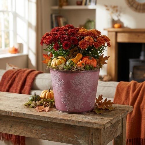 Autumn pot, plant bucket, metal decoration with leaves wine red Ø25.5cm H22cm | Floristik24.ie