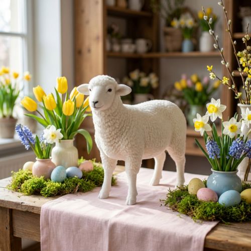 Sheep decorative figure table decoration Easter white flocked 30×28cm | Floristik24.ie