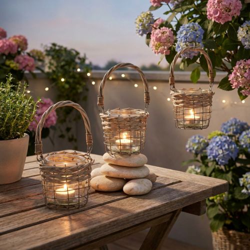 Product Lantern tealight holder glass metal willow Ø10.5cm 3pcs