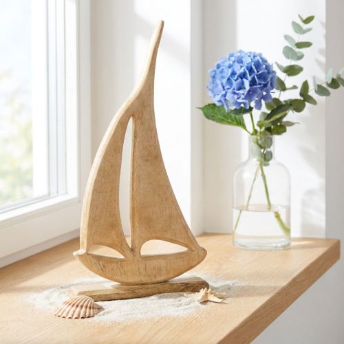 Product Sailboat Wood on Base Natural Table Decoration Maritime H42cm