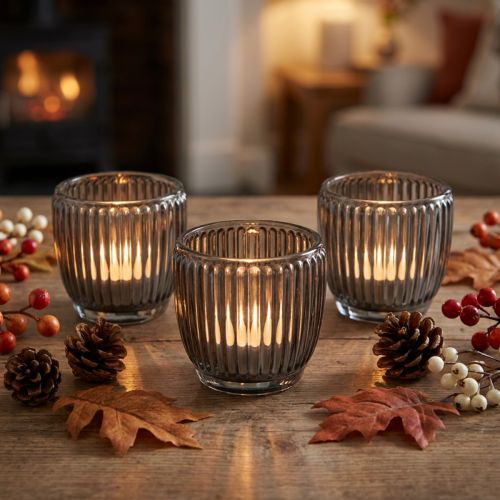 Glass tealight holder in grey, autumn/winter, Ø7cm H7cm, 6 pieces | Floristik24.ie
