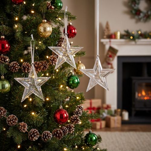 Star-shaped hanging ornament, clear plastic, 15cm, 6 pieces | Floristik24.ie