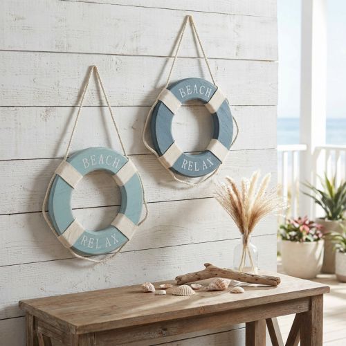 Lifebuoy Wooden Decoration for Hanging Maritime Blue Ø13cm 2pcs | Floristik24.ie