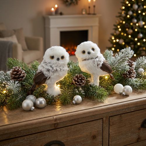 Snowy Owl Decorative Figurine, Owl Pair, White and Brown, 12cm High, 2 Pieces | Floristik24.ie