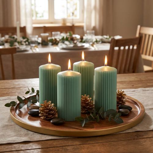Pillar Candles Green Emerald Grooved Candles 70/130mm 4 Pcs | Floristik24.ie