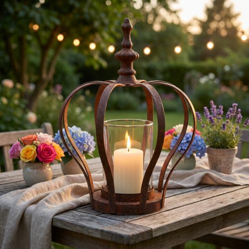 Lantern Crown Brown Rust With Candle Glass Ø14cm H18cm | Floristik24.ie