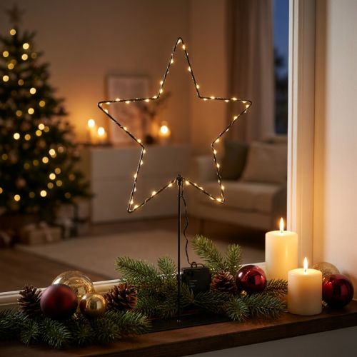 LED star with battery compartment on stand for windowsill and table 46cm | Floristik24.ie