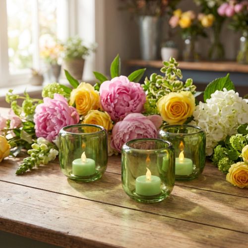 Glass tealight holder, retro green, 8cm, 6 pieces | Floristik24.ie