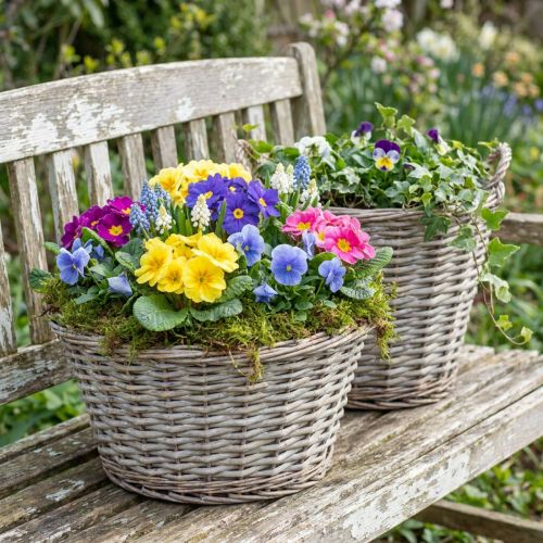 Vintage wicker plant basket, Ø25 cm, H21 cm, grey/white, set of 2 | Floristik24.ie