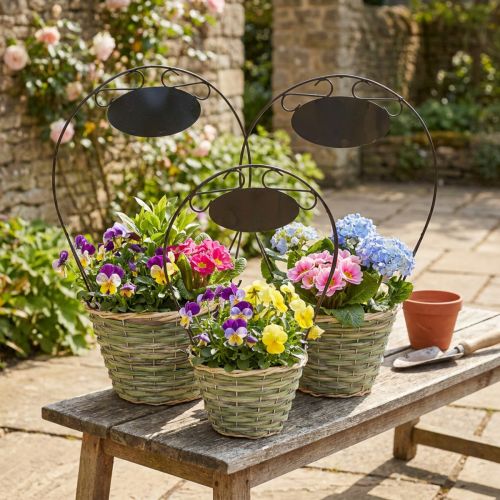 Flower basket with handle and metal sign, Ø23/20/17cm, set of 3. | Floristik24.ie