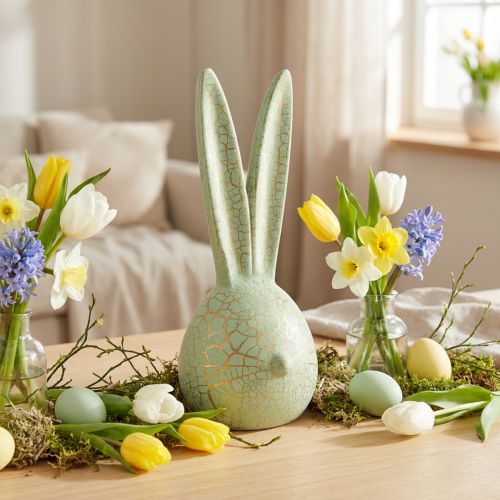 Easter decoration rabbit head mint green gold craquelure 16.5x16x40cm | Floristik24.ie