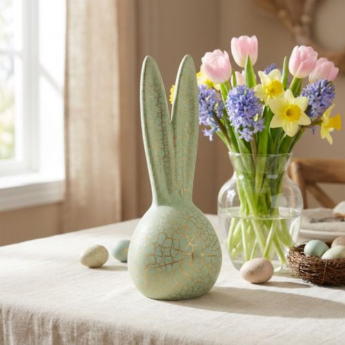 Rabbit Head Easter Bunny Decoration Mint Green Gold Crackle H28cm | Floristik24.ie