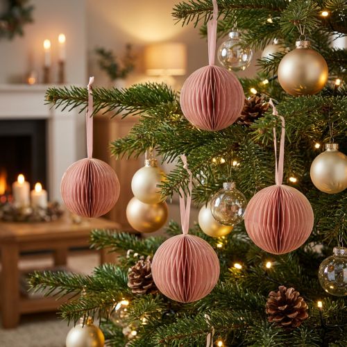 Honeycomb Christmas Balls, Apricot Pink, 7cm, 4 Pieces, Decoration | Floristik24.ie