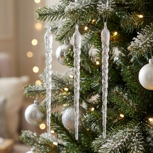 Winter decoration icicles for hanging clear silver 28cm 3pcs | Floristik24.ie