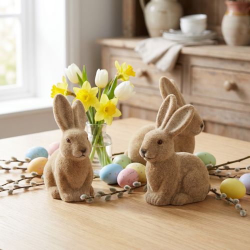 Decorative Sitting Easter Rabbits Brown – 2nd Choice – Flocked H15cm 4 pcs | Floristik24.ie