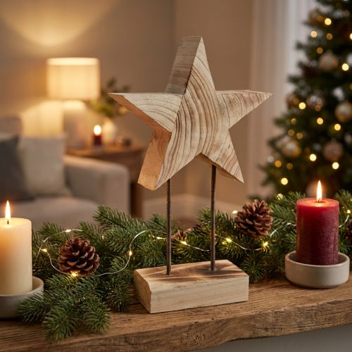 Star made of wood Paulownia Christmas star on base H48cm | Floristik24.ie