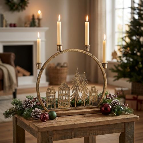 Candle holder Christmas row of houses antique gold 36×32cm | Floristik24.ie