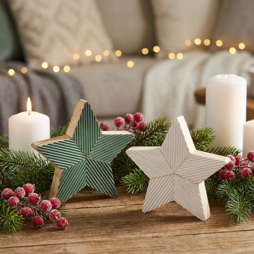 Wooden Stars Fluted Table Decoration Green Mint White 11cm 6 pcs | Floristik24.ie