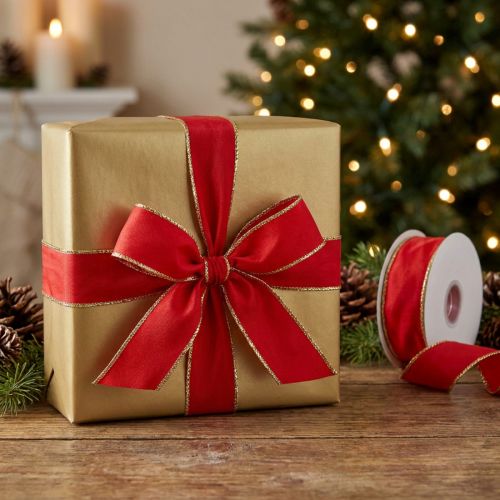 Silk ribbon red with gold edge 25mm 25m | Floristik24.ie