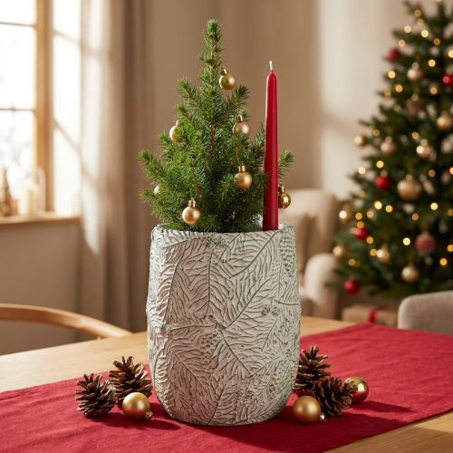 Planter ceramic green white gray pine branches Ø12cm H17.5cm | Floristik24.ie