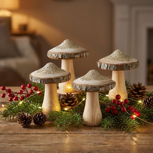 Wooden Mushroom Bark and Glitter Decoration Mushrooms Wood H8.5cm 4 pcs | Floristik24.ie