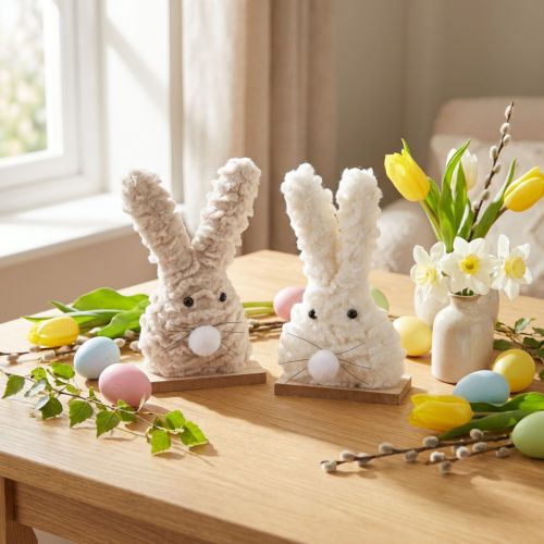 Product Decorative Easter bunny made of plush – fluffy Easter decoration in beige & white on wooden base H18cm 2 pcs