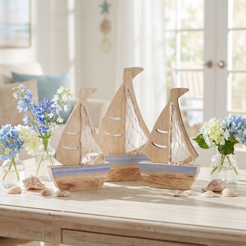 Sailboat Centrepiece and Shelf decor Natural Wood Light Blue 25.5×16.5cm 3 pcs | Floristik24.ie