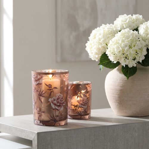 Glass lantern brown silver pink peonies H18cm | Floristik24.ie